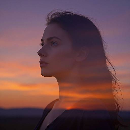 Photograph of a woman with long, wavy hair, silhouetted against a vibrant sunset sky with orange, pink, and purple hues.