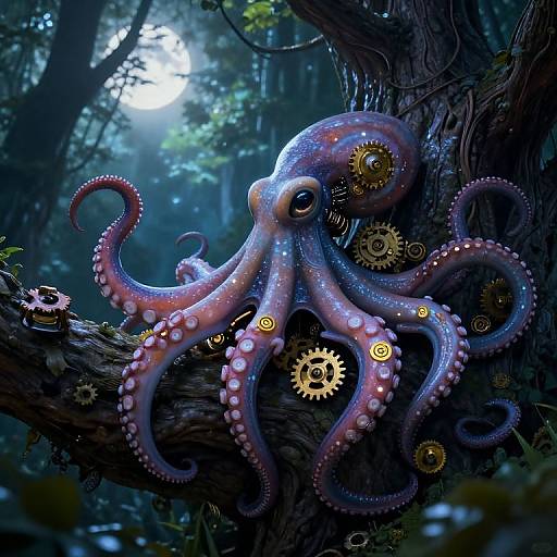 Digital art of a glowing, gear-adorned pink octopus with large eyes, curled tentacles, and bioluminescent patterns, hanging on