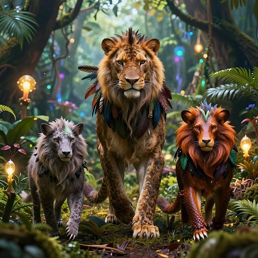 Photorealistic digital art of three fantastical lions with colorful feathered manes, walking through a magical, enchanted forest with glowing lights and lush green