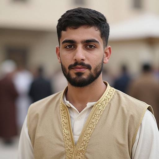 Photograph of a young South Asian man with short black hair and beard, wearing a beige vest with gold embroidery over a white shirt, standing in a