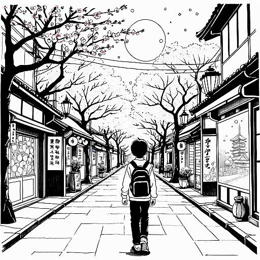 Young Boy Walking in Tokyo Street Ink Sketch