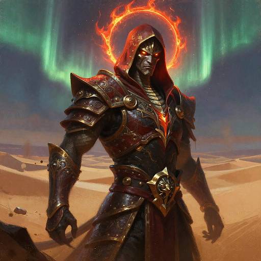 Digital art of a muscular, dark-skinned armored warrior with glowing red eyes and a fiery halo, standing in a desert under green auroras.