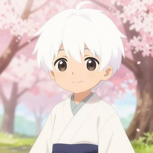 Anime-style digital drawing of a cute, young boy with white hair, large brown eyes, and a white kimono, standing in front of a blurred