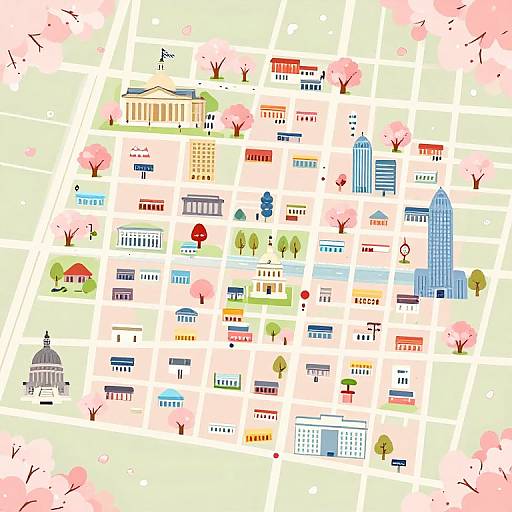 Colorful city map illustration with various iconic buildings, trees, and landmarks, set against a white background with pink cherry blossoms.