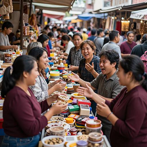 Photograph of a lively, bustling outdoor market stall with diverse Asian customers laughing and sharing food, surrounded by colorful dishes and containers.