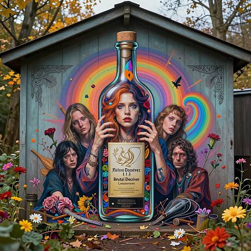 Digital art: Vibrant, surreal scene with four band members behind a giant, rainbow-colored bottle, surrounded by flowers, autumn trees, and a wooden