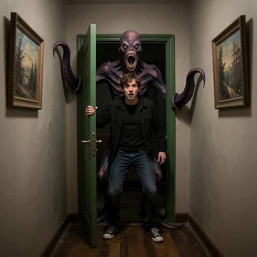 Monstrous Encounter in a Cracked Hallway