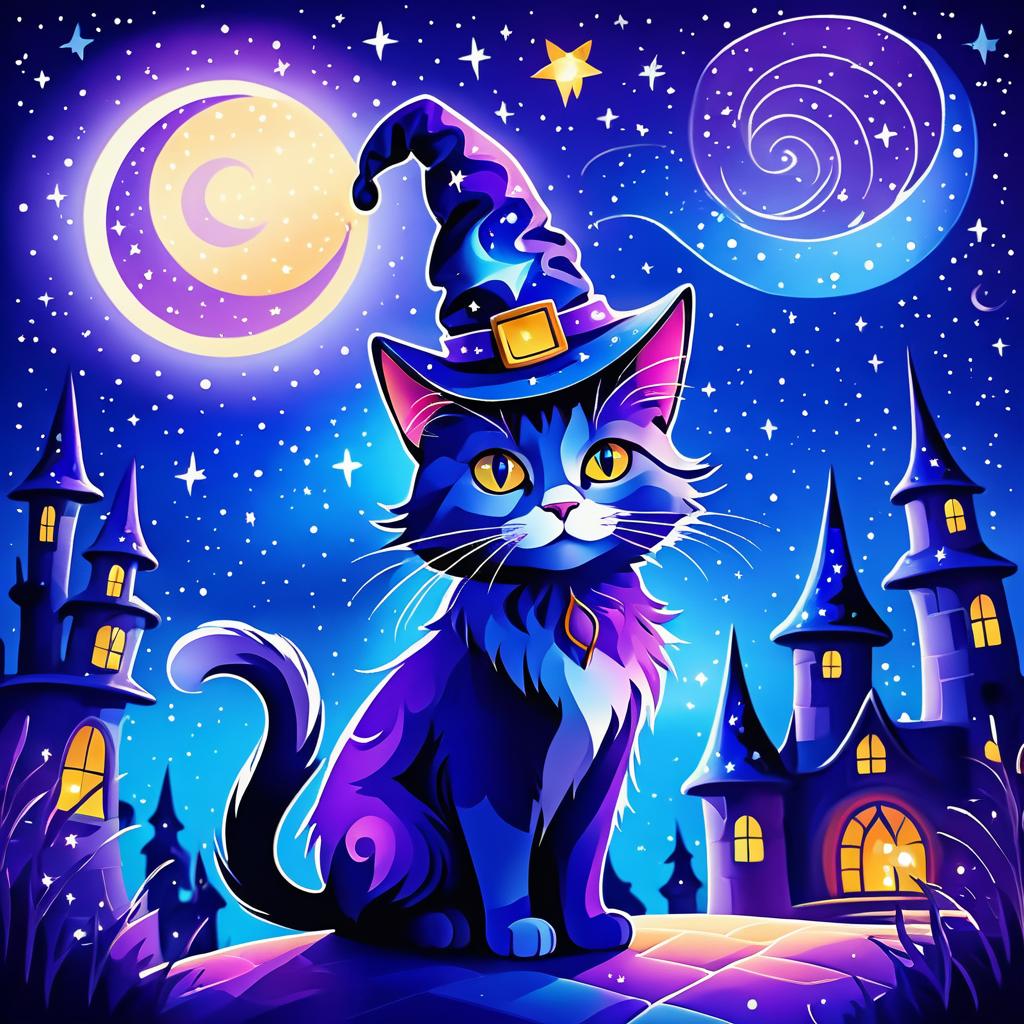 Whimsical Cat in Wizard Hat Under Stars