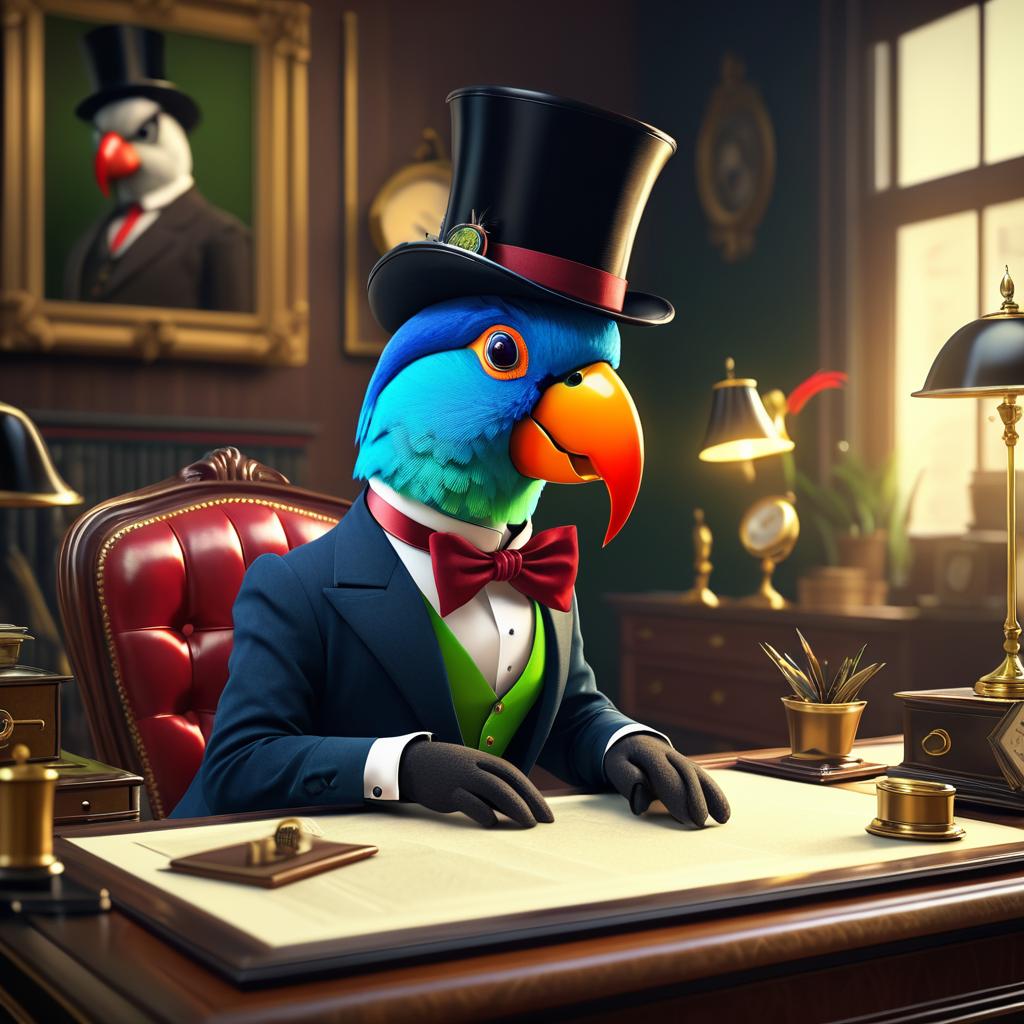 Business Parrot in Top Hat at Desk