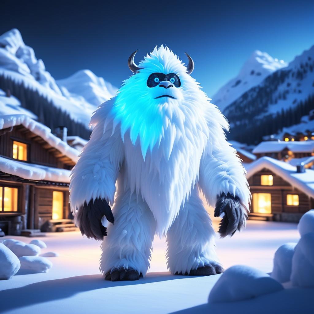 Cinematic Glowing Yeti in Snowy Village