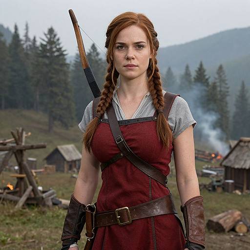 Photograph of a red-haired woman with braided hair, wearing a maroon dress and leather gloves, standing in a rustic, wooded village with log