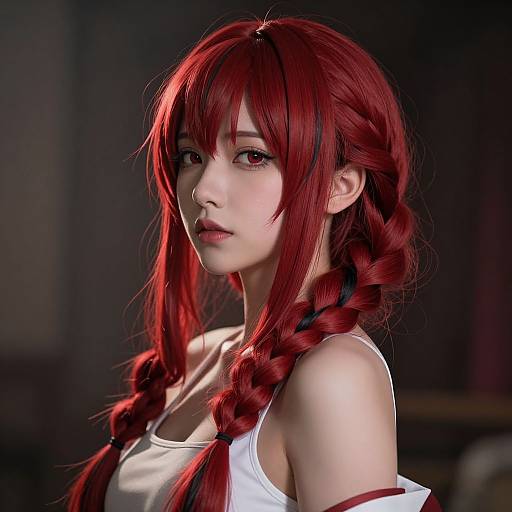 Digital artwork of an anime-style woman with long red braided hair, fair skin, and red eyes, wearing a white tank top, against a dark