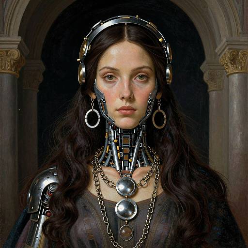 Photorealistic digital painting of a woman with long dark hair, wearing futuristic metallic headgear, chains, and orb necklaces, set against a dark