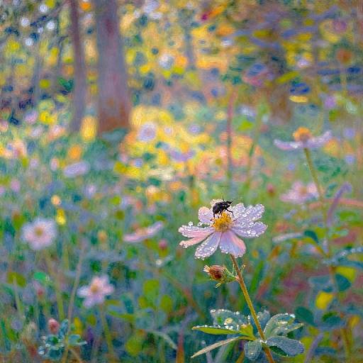 Photograph of a vibrant meadow with a black-and-yellow bumblebee on a dew-covered white flower, surrounded by colorful, blurred wildflowers and