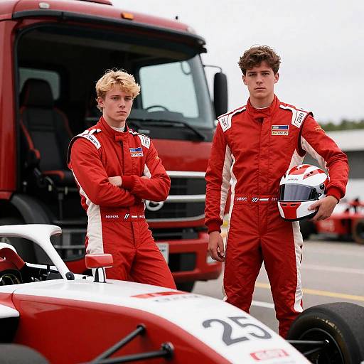 Young Racecar Drivers by Red Truck