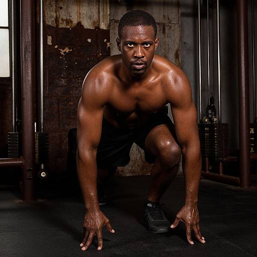 Photograph of a muscular, shirtless Black man with glistening sweat, crouching in a dim, industrial gym with rusty walls and heavy equipment
