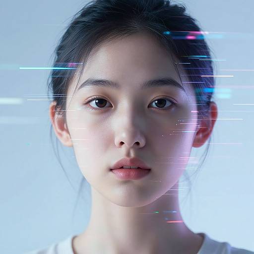 Photograph of an East Asian woman with fair skin, black hair in a ponytail, and neutral expression, illuminated by blue light with glitch-like white
