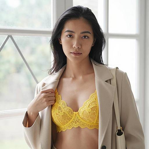 Asian Woman in Yellow Lace Bra and Beige Coat