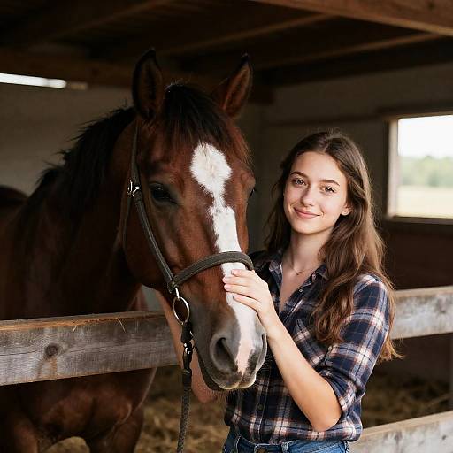 Young Woman with Brown Horse in Barn