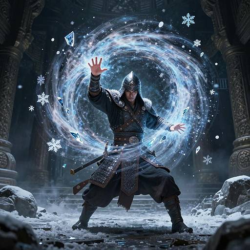 Digital artwork of a fierce, armored warrior conjuring a glowing, icy magic circle with snowflakes and ice shards in a snow-covered, ancient temple
