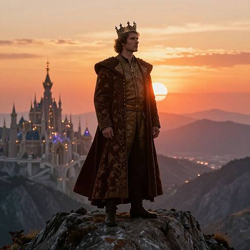 Photograph of a silhouetted man in a dark ornate cloak and crown, standing on a rocky peak at sunset, with a glowing castle