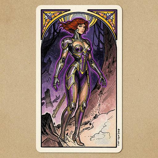 Digital comic-style illustration of a red-haired, armored woman with glowing purple and gold accents, standing confidently in a dramatic, purple-hued landscape. Background