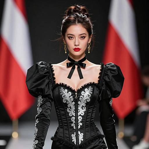 Elegant Woman in Black Embroidered Corset