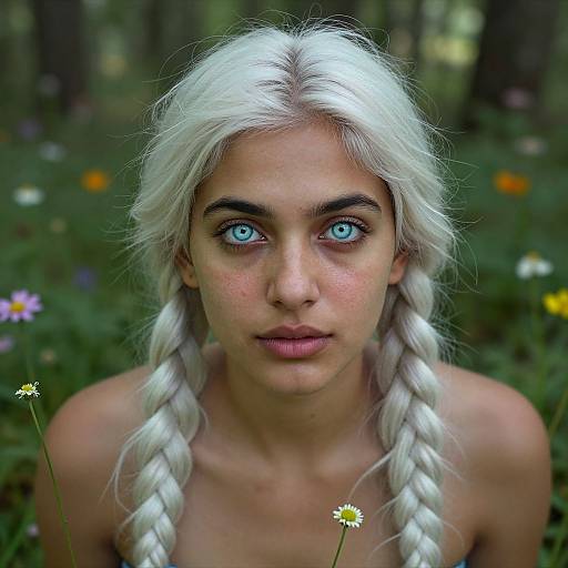 Photograph of a young woman with striking blue eyes, platinum blonde braided hair, and fair skin, standing in a forest meadow with colorful wild