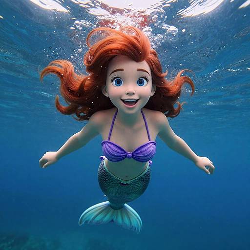 Digital CGI of a cheerful, red-haired mermaid with a purple seashell bra and fish tail, swimming underwater, with bright blue ocean background.