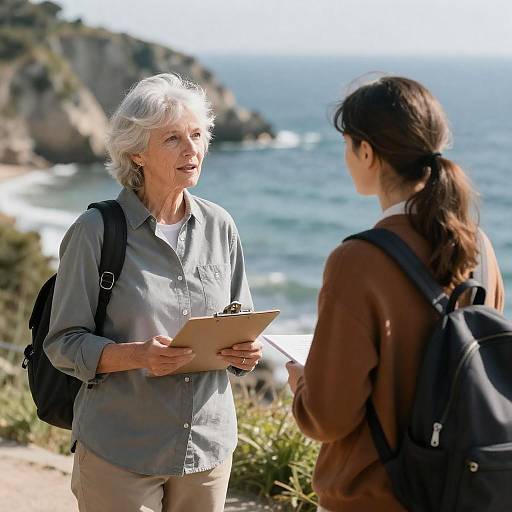 Photograph of an elderly white woman with short gray hair, wearing a gray shirt and holding a clipboard, standing by a coastal cliff, talking to a