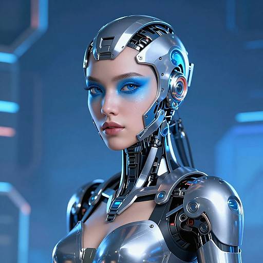 Photorealistic CGI of a silver robotic woman with blue eyeshadow, metallic head and shoulders, futuristic blue-lit background.