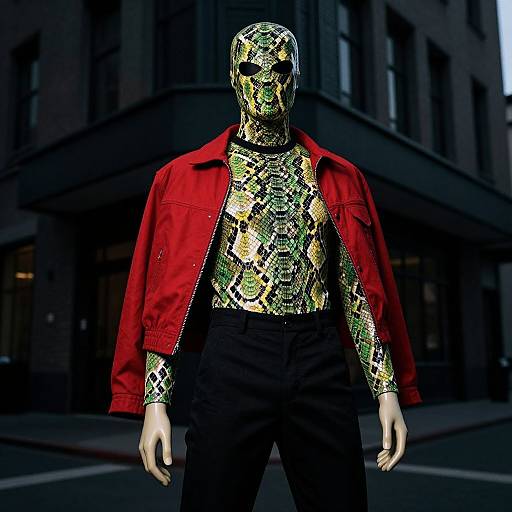 Photograph of a mannequin in a vivid red jacket, black pants, and snake-patterned shirt, standing on an urban street.
