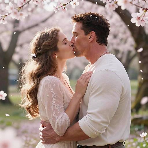 Photograph of a couple kissing under cherry blossom trees, with sunlight filtering through petals; the man in a white shirt, the woman in a sheer,