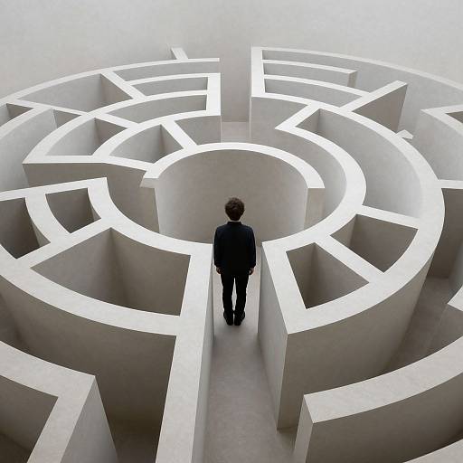 Photograph of a person in a black suit standing in a large, white, illuminated, circular maze from a top-down perspective.