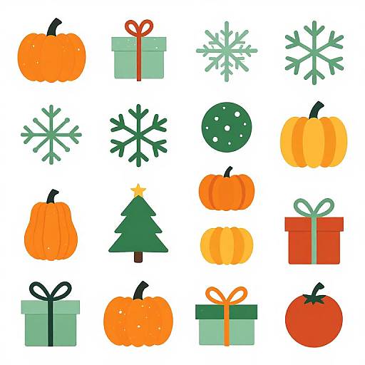 Digital illustration of 16 Christmas-themed icons: 4 pumpkins, 4 green gift boxes, 3 snowflakes, 2 green ornaments