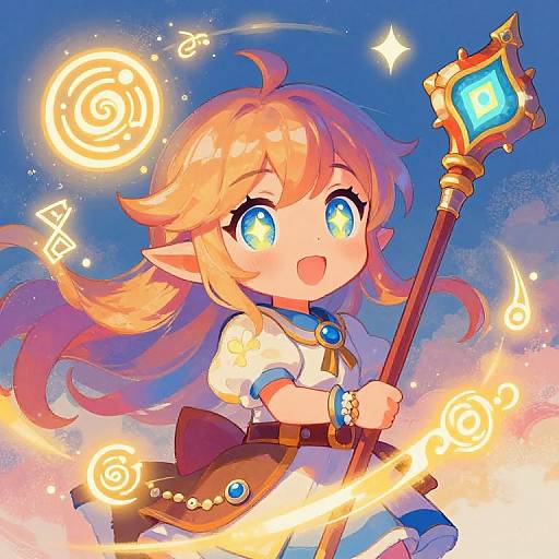 Chibi anime-style drawing of a cute, blonde elf child with large blue eyes, holding a glowing staff, surrounded by magical swirls. Vivid