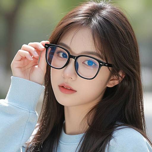 Photograph of an Asian woman with long black hair, blue eyes, and fair skin, wearing black-framed glasses and a white sweater, adjusting her