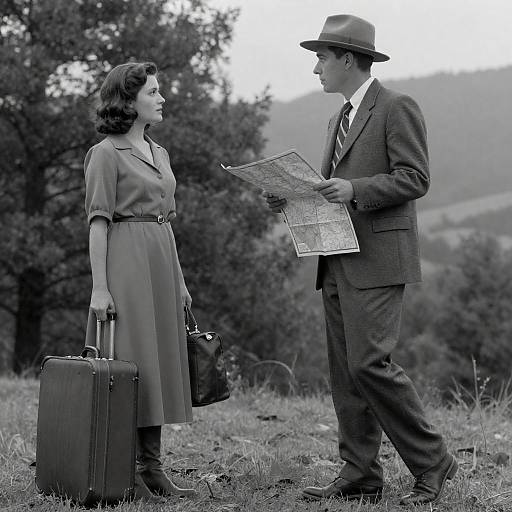 Vintage Black-and-White Forest Journey Scene