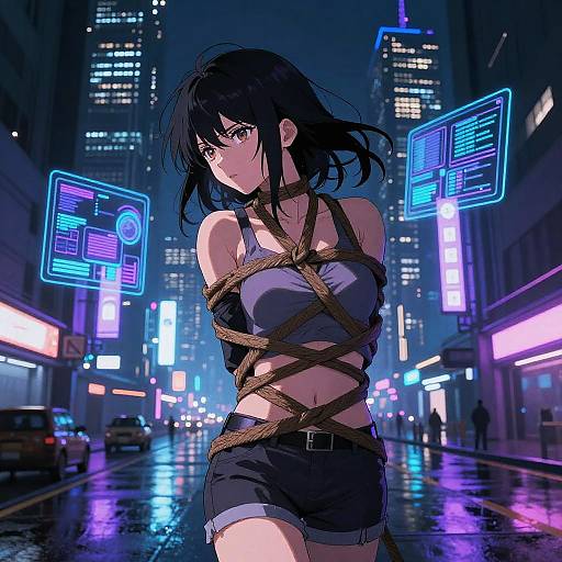 Anime-style digital drawing of a black-haired woman bound with ropes in a neon-lit, rainy city street at night.