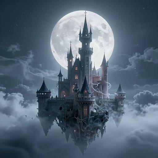 Digital artwork of a Gothic castle with spires, illuminated by a glowing full moon, surrounded by clouds and mist.