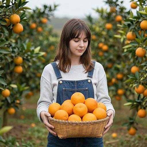 Young woman with brown hair in denim overalls and white shirt, holding a wicker basket of bright orange oranges in an orange grove. Photograph.
