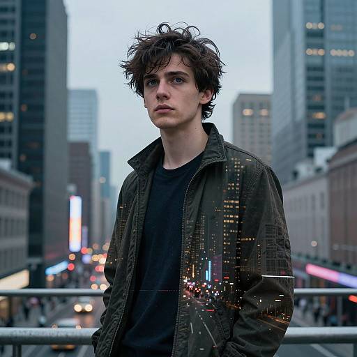 Photograph of a young man with messy brown hair, wearing a black shirt and green jacket, standing in a busy urban city street at dusk, reflected