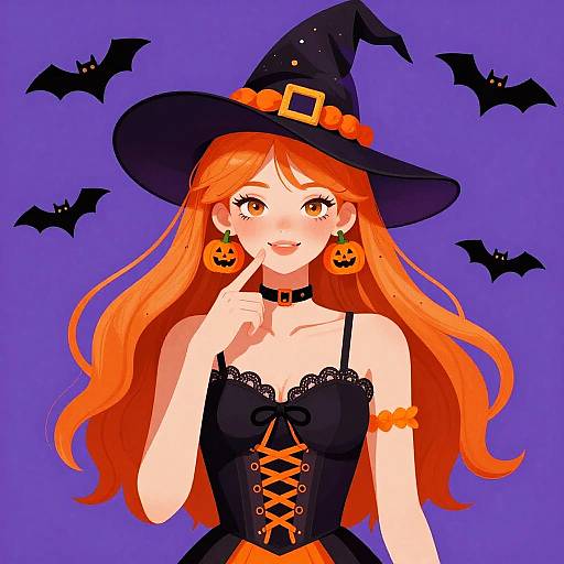 Digital anime-style illustration of a cute, fair-skinned, red-haired witch with orange eyes, black lace dress, pumpkin earrings, and hat, against