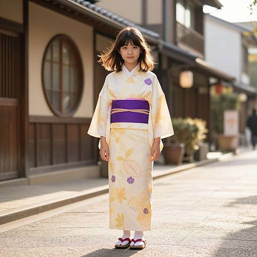 Photograph of a Japanese woman in a white floral kimono with purple obi, standing on a sunlit traditional street, wearing red geta sandals
