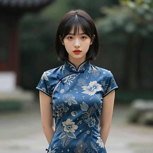 Photograph of an East Asian woman with short black hair, wearing a blue floral-patterned cheongsam, standing outdoors in a traditional setting.