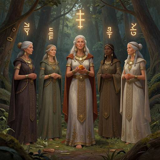 Digital painting of four women in forest, wearing ancient robes, holding golden items, with glowing letters 