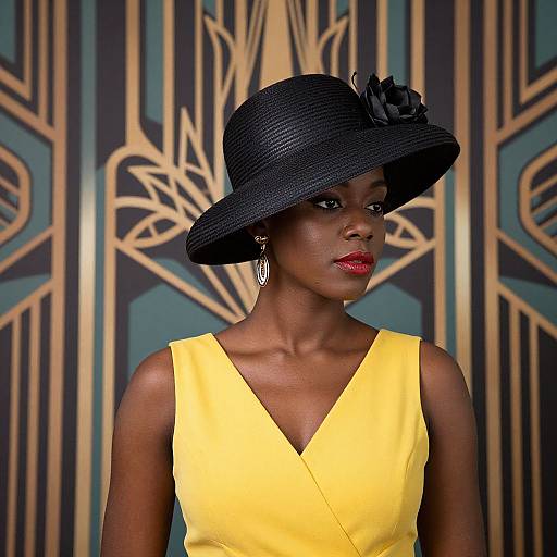 Photograph of a Black woman with dark skin, wearing a yellow V-neck dress and a black hat with a large flower, against an Art Deco
