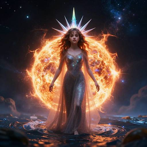 Digital artwork of a goddess with a glowing crown, surrounded by fiery halo, wearing a shimmering, form-fitting gown, standing in water against a