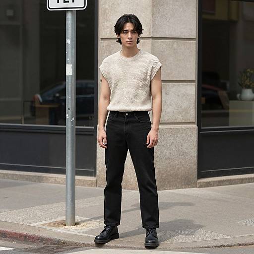 Photograph of a young Asian man with short black hair, wearing a white knit t-shirt, black pants, and black boots, standing on a city