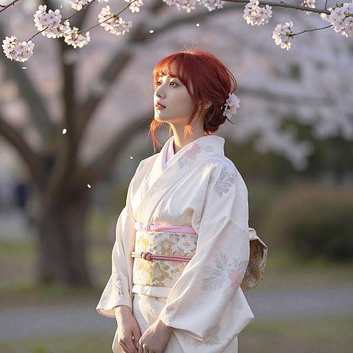 Photograph of a fair-skinned woman with red hair in a white floral kimono, standing under cherry blossom branches, sunlight illuminating her.